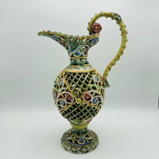 Vintage Italy Ceramic Art Pitcher Vase Shaped Reticulated Cutwork Flowers 14 " H