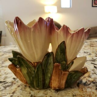 Vintage Mccoy Pottery Double Tulip Cream & Pink Tipped Flower Vase Planter
