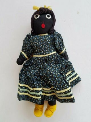 Vintage Black American Folk Art Small Little Girl Rag Doll W Dress 14”