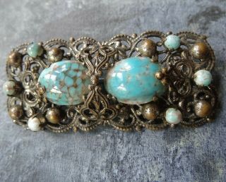 Vintage Art Deco Turquoise Glass Openwork Flower Brooch Gold Tone C Pin - Z176