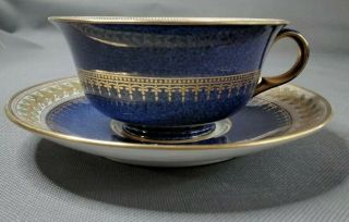 Wedgwood Tea Cup And Saucer Cobalt Blue & White Gold Trim Gold & Green Leaves