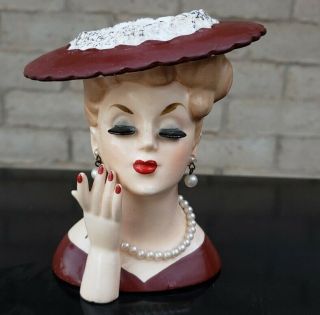 1950 Lady Head Vase 5” Maroon Pearl Necklace National Potteries Bedford Ohio