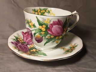 Vintage Queen Anne England Tulip Time Gold Trim Teacup & Saucer Set,