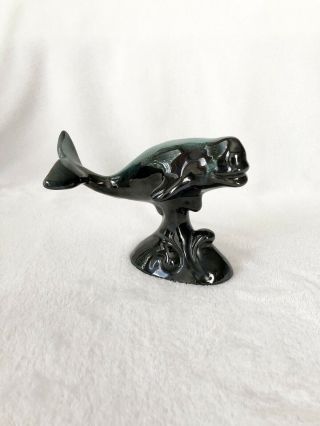 Whale Figurine Blue Mountain Art Pottery Red Clay Green Drip Glaze 6.  25” Euc