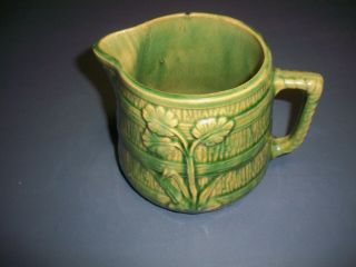 Vintage Yellow Ware Stoneware Pitcher Green Barrel Flower