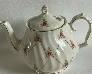 Vintage Sadler Teapot England Swirl Pattern Pink Roses Gold Trim Euc