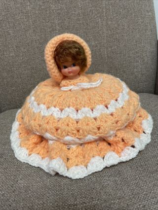 Vintage Doll Toilet Paper Cover Crochet - Peach And White
