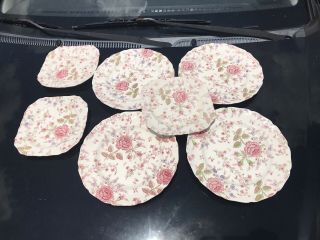 7pc Rose Chintz Johnson Brothers 4 Dinner Plates,  3 Sq Luncheon Plates Imperfect