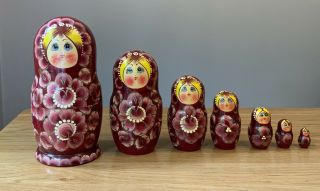 Matryoshka Russian 7 X Wooden Nesting Dolls Babushka Large Folk Art.  Pink Shades