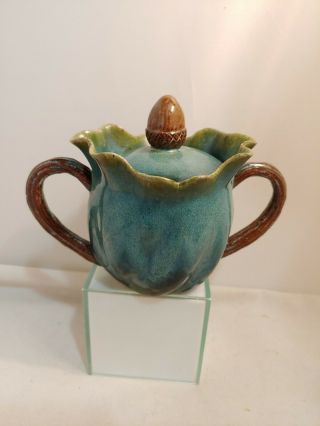 Art Pottery Sugar Bowl.  With Lid Blue Brown Glaze Signed Johnston 2001