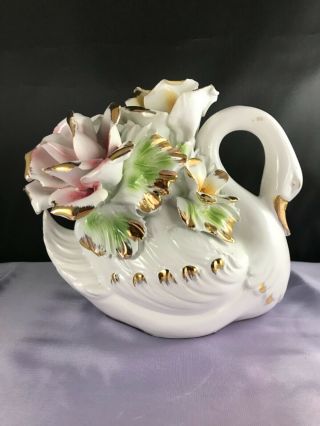 Vintage Capodimonte Ceramic 9” Centerpiece Swan W/ Tea Roses