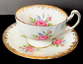 Vintage Fancy Aynsley Wide Mouth Tea Cup And Saucer Set With Gold And Pink Roses