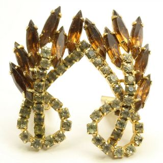 Vintage Mid Century Topaz Navette Crystal Rhinestone Floral Spray Clip Earrings