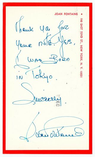 Vintage,  Signed / Autographed Joan Fontaine Postcard Note To Fan 1984