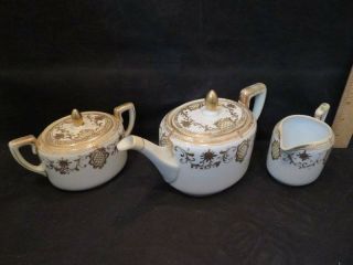 Vintage Nippon Hand Painted Gold Tea Set Teapot,  Creamer & Sugar Bowl White/gold