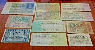 11 Antique German Reichsbanknotes Marks,  Paper Currency 1910 - 1923 - Historical