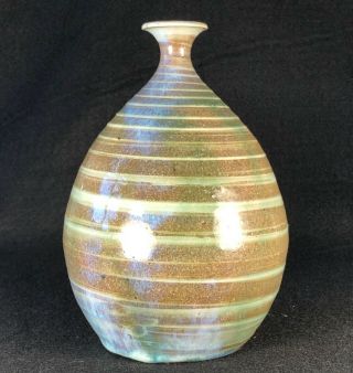 Vintage Studio Art Pottery Weed Pot Vase Stoneware Spiral Glaze Mcm Rutile Blue