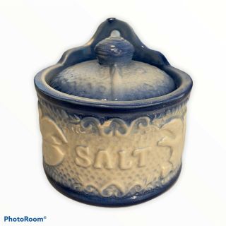 Salt - Glazed Pottery Salt Box,  Vintage,  Blue And White,  Wall Mount