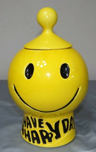 Mid Century Modern Vtg Mccoy Yellow Have A Happy Day Smiley Face Cookie Jar 235