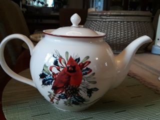Lenox China Winter Greetings Teapot Cardinal Made In Usa Red Accents