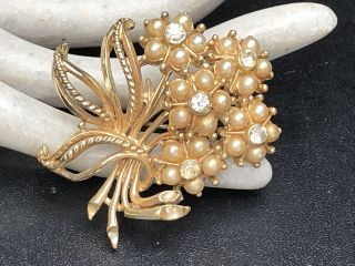 Vintage Signed Coro Faux Pearl & Rhinestone Gold Tone Flower Bouquet Brooch Pin