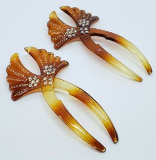 Ornate Vintage Mid Century Glass Rhinestone Faux Tortoise Shell Floral Hair Pins