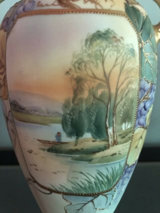 vintage Nippon hand painted lake scene vase urn with gold dots 2