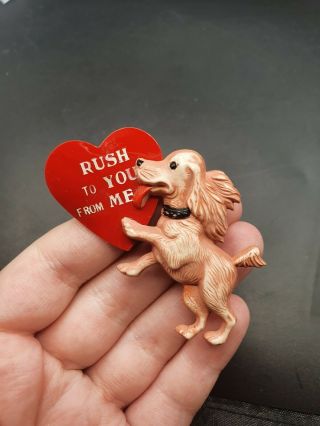 Vintage 1940s Celluloid Novelty Valentines Hearr Dog Brooch