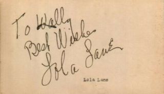 Lola Lane Autographed Index Card Lane Sisters Singer D.  81