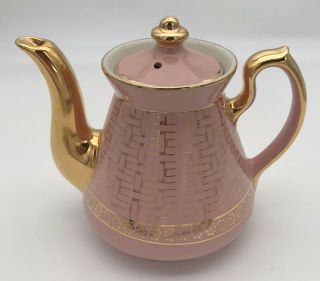 Vtg Pink Basket Weave With Gold Trim Porcelain Teapot Made By Hall Usa