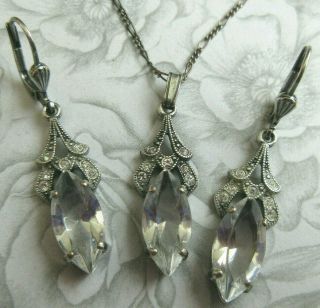 Vintage Art Deco Silvertone Crystal Drop Pendant & 925 Chain Matching Earrings