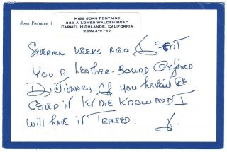 Vintage Hand Written Personal Signed Joan Fontaine Postcard Note 1998