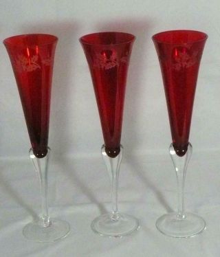 3 Lenox Holiday Gems Champagne Flutes Ruby Red Etched Holly