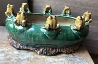 Vtg Majolica 8 Frogs Ceramic Planter Oval Bowl Art Pottery Green Frog Pot Mcm
