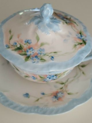 Vintage Haviland And Co Limoges France Sugar Bowl & Plate Blue Forget - Me - Not