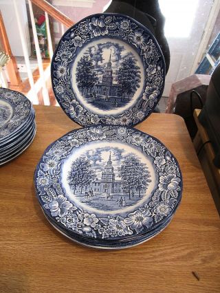 6 Staffordshire " Liberty Blue " Dinner Plates - Independence Hall 9 7/8 "
