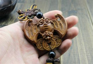 Wood Carving Chinese Feng Shui Wealth Bat Coin Car Pendant Amulet Wooden Crafts