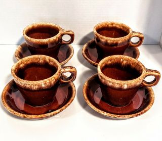 Vintage Hull Pottery Coffee Mugs Cups And Saucers Oven Proof Brown Drip Glaze