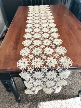 Vintage Hand Crocheted Ecru Table Runner - Approx.  16 " X 74 "