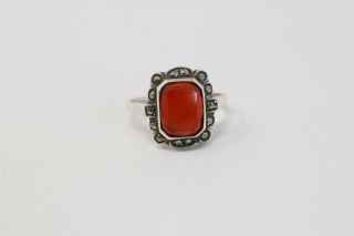 A Vintage Art Deco Style Sterling Silver 925 Carnelian Agate & Marcasite Ring