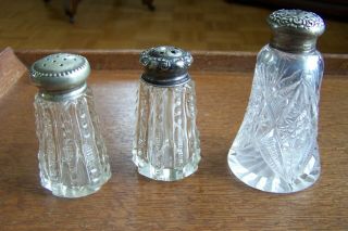 3 - Cut Glass & Lead Crystal Salt & Pepper Shakers - 2 Have Sterling Caps - Antique