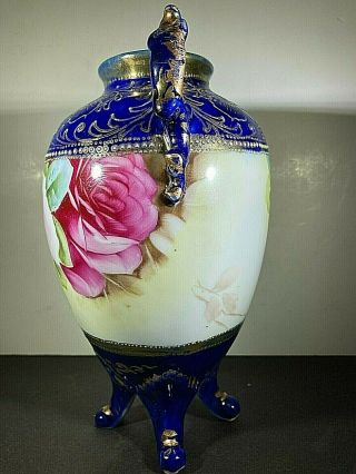 Antique Hand Painted Nippon Vase Roses Encrusted Gold.  Jeweled.  Rare