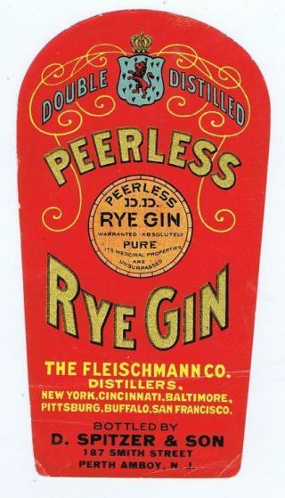 Peerless Ryle Gin The Fleischmann Co Distillers Antique Red Liquor Label 26