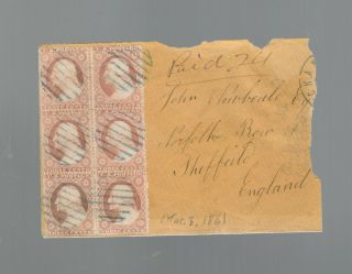 1861 24 Cent Rate Cover To England,  W/3 Cent Block Of 6,  Pm Champaign Ill