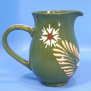 Vintage Pitcher Soufflenheim Pottery Green Hand - Paint Floral Motif French