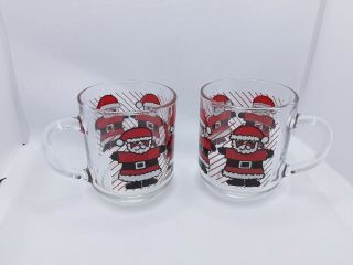 Vintage Luminarc Clear Glass Santa Claus Christmas Mugs Holiday Coffee Tea Cups