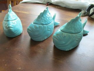 Bauer Pottery 3 Fish Chicken Of The Sea Servers Blue Aqua Turquoise