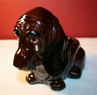 Vintage Brown Ceramic Sad Bassett Hound Dog Planter W/ Pearl Tear On His Cheek