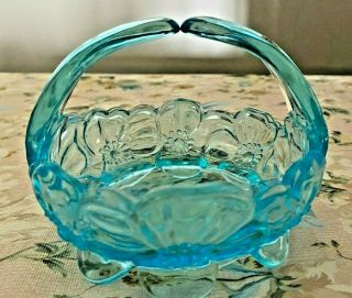 Vintage Blue Westmoreland Round Glass Basket Split Handle Footed Dogwood Flower
