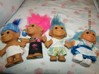 Four Cute 5 " Tall Russ Berrie & Co.  Colorfully Dressed Troll Dolls.
